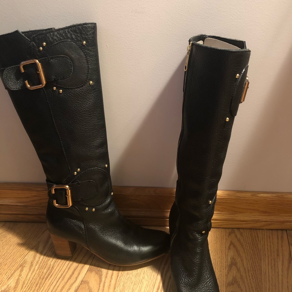 Chloe buckle knee length black boots 8